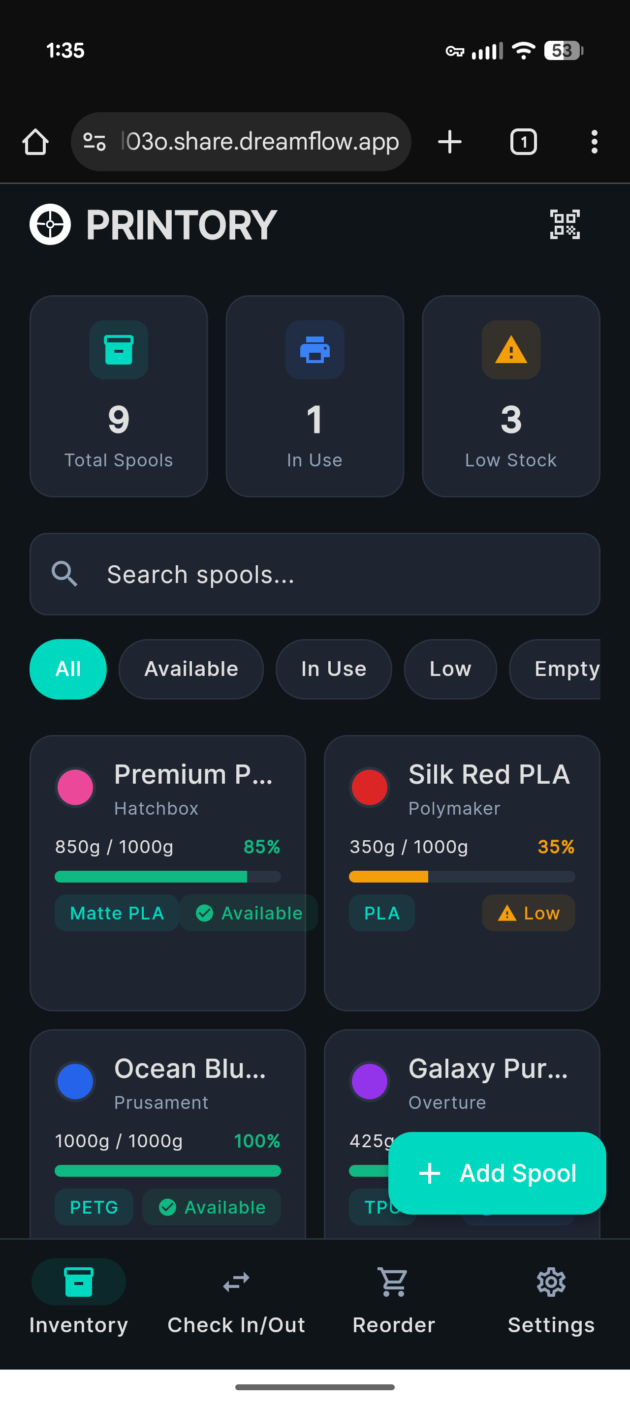 Printory inventory view showing organized spool tracking with color swatches and stock levels