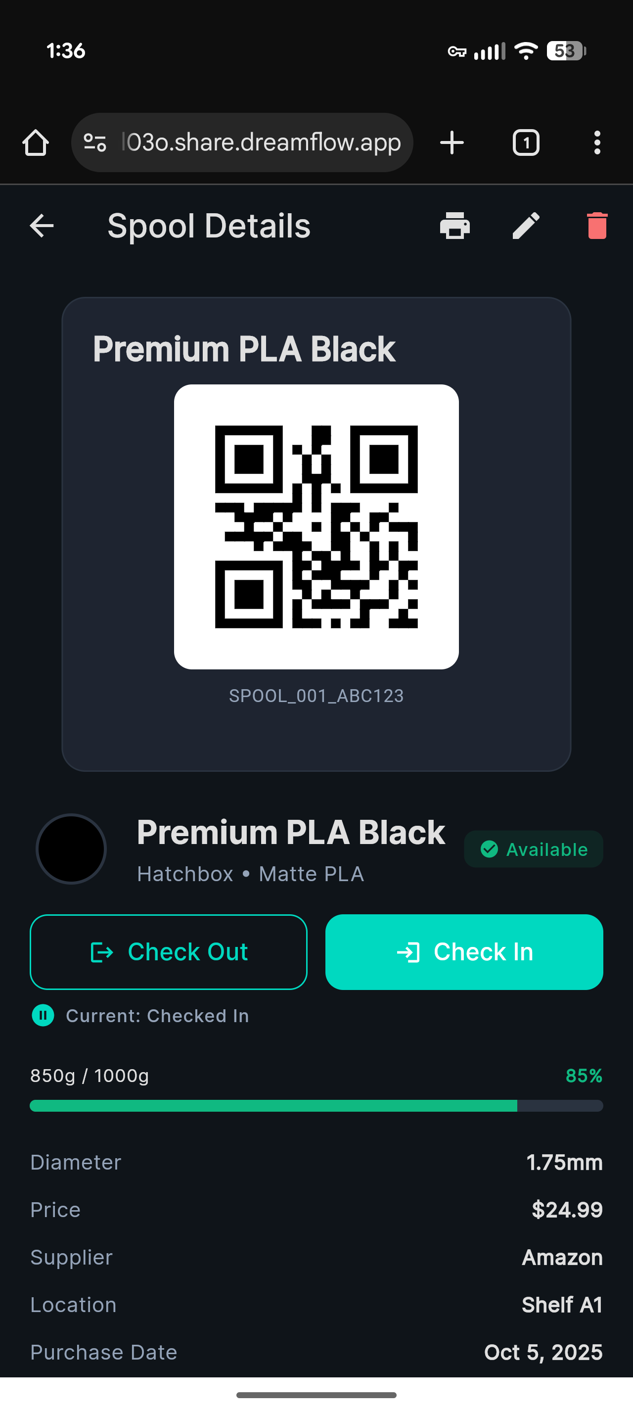 QR code displayed in spool details for scanning