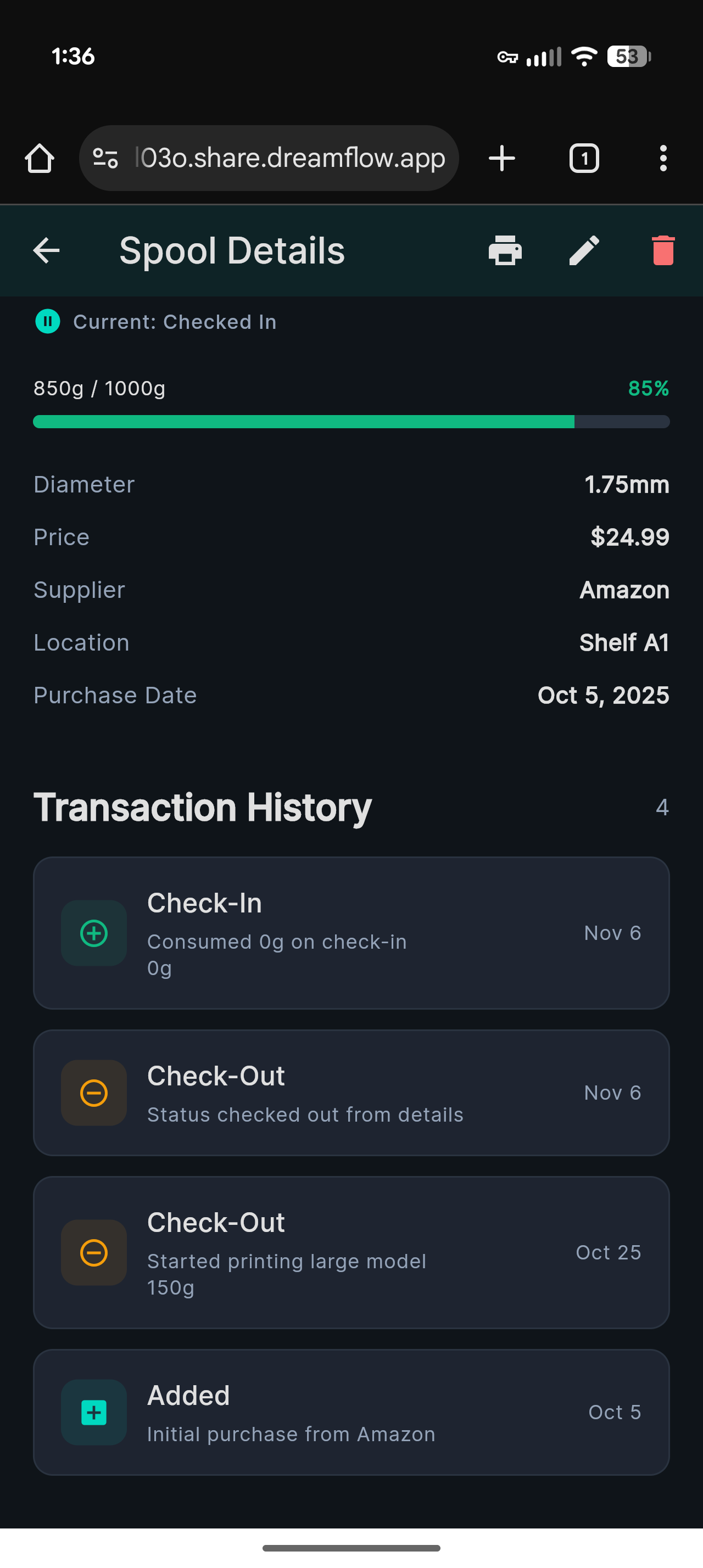 Spool analytics and usage history