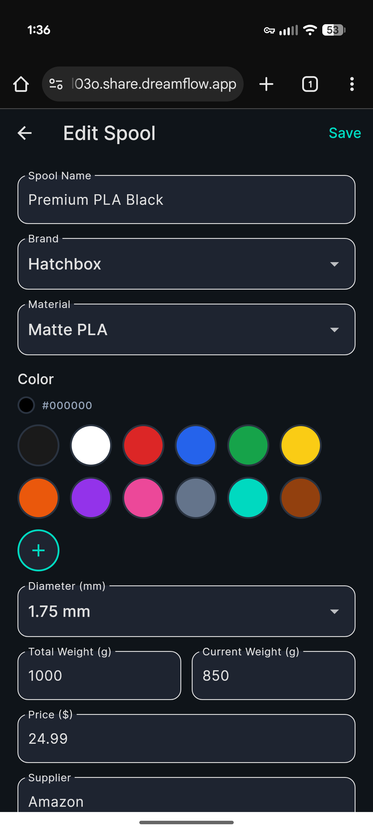 Printory settings screen