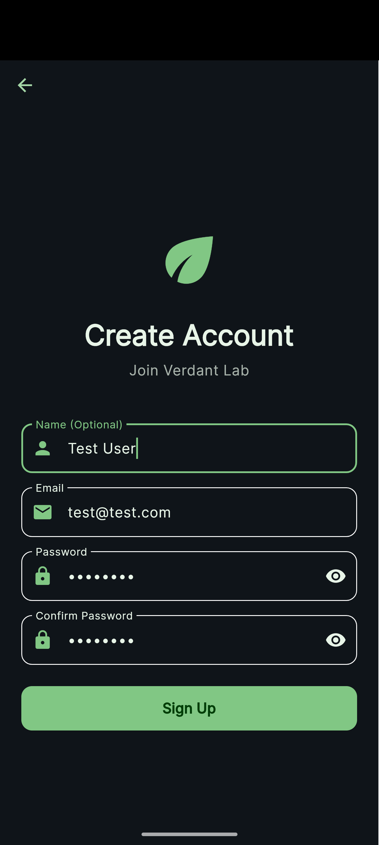 Verdant Lab account management screen