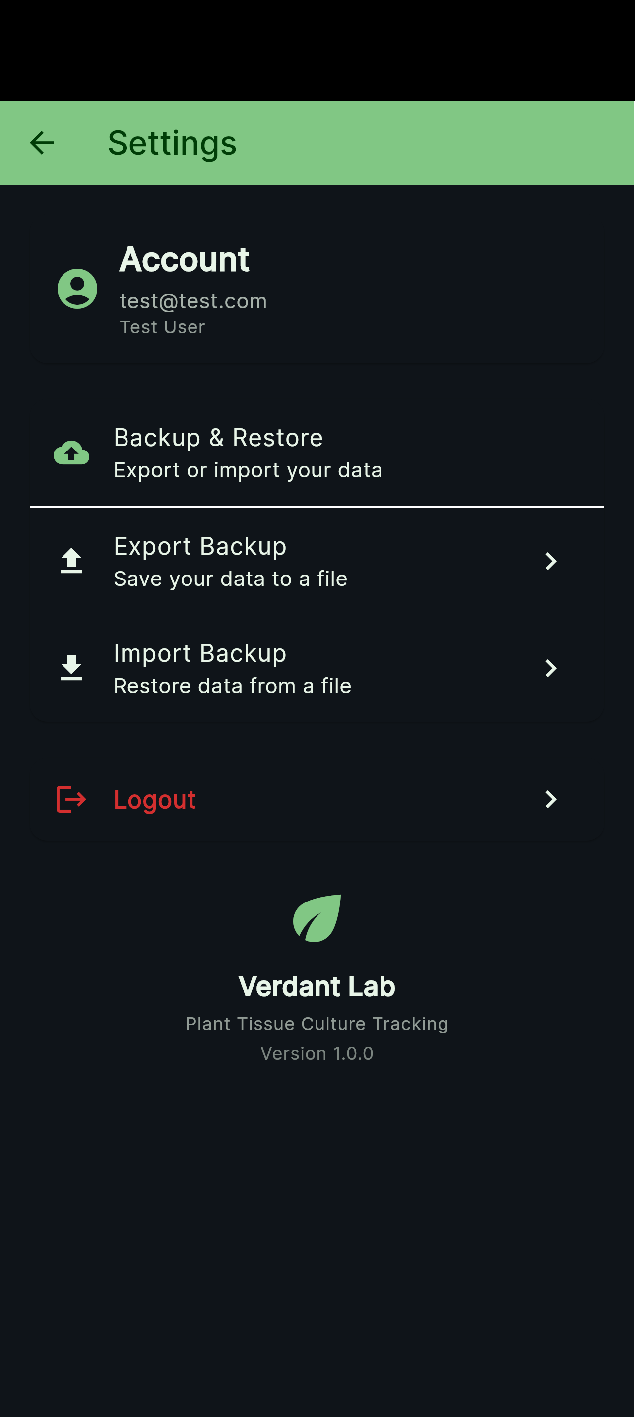Verdant Lab settings and configuration screen