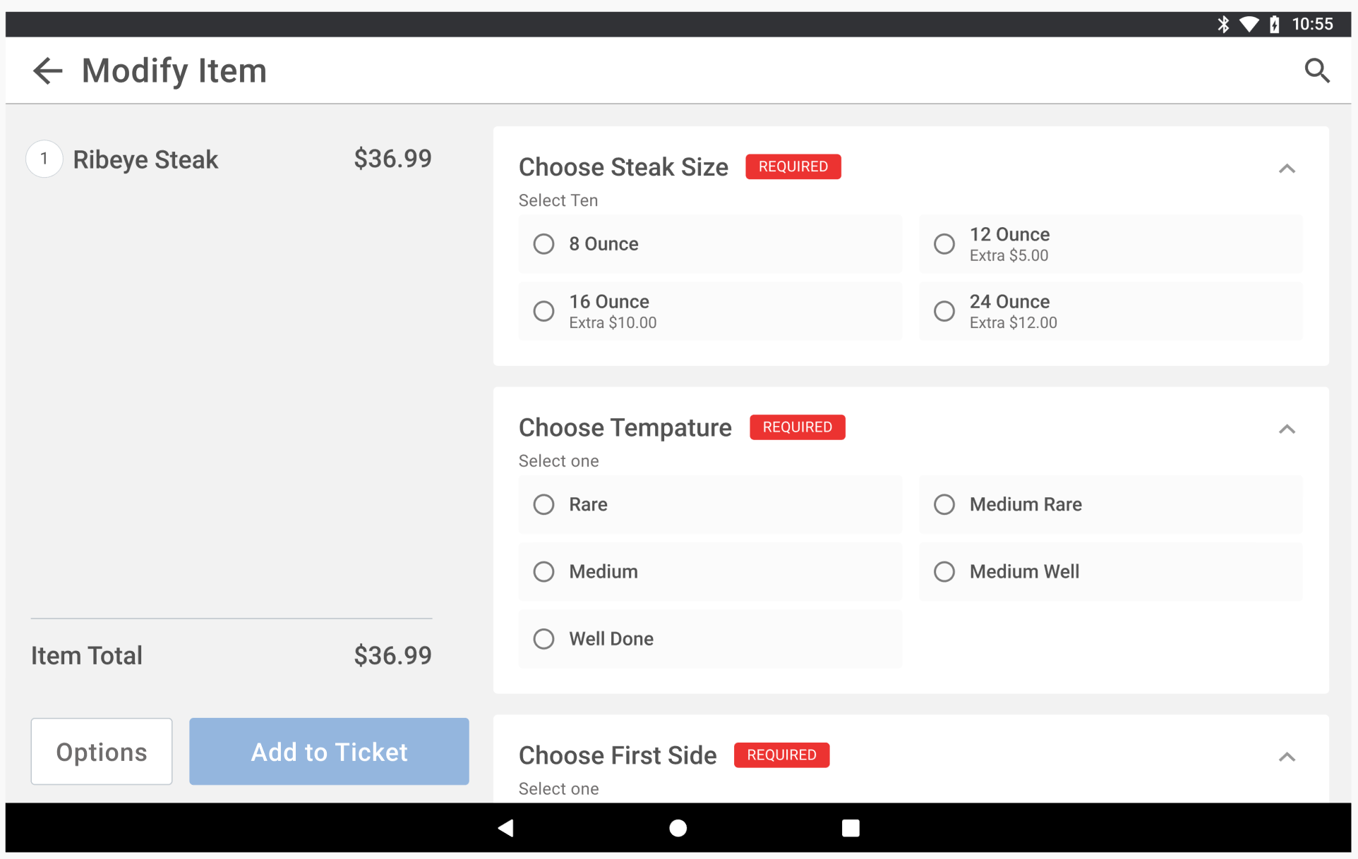 Modifier flow showing how servers navigate item customization through progressive disclosure
