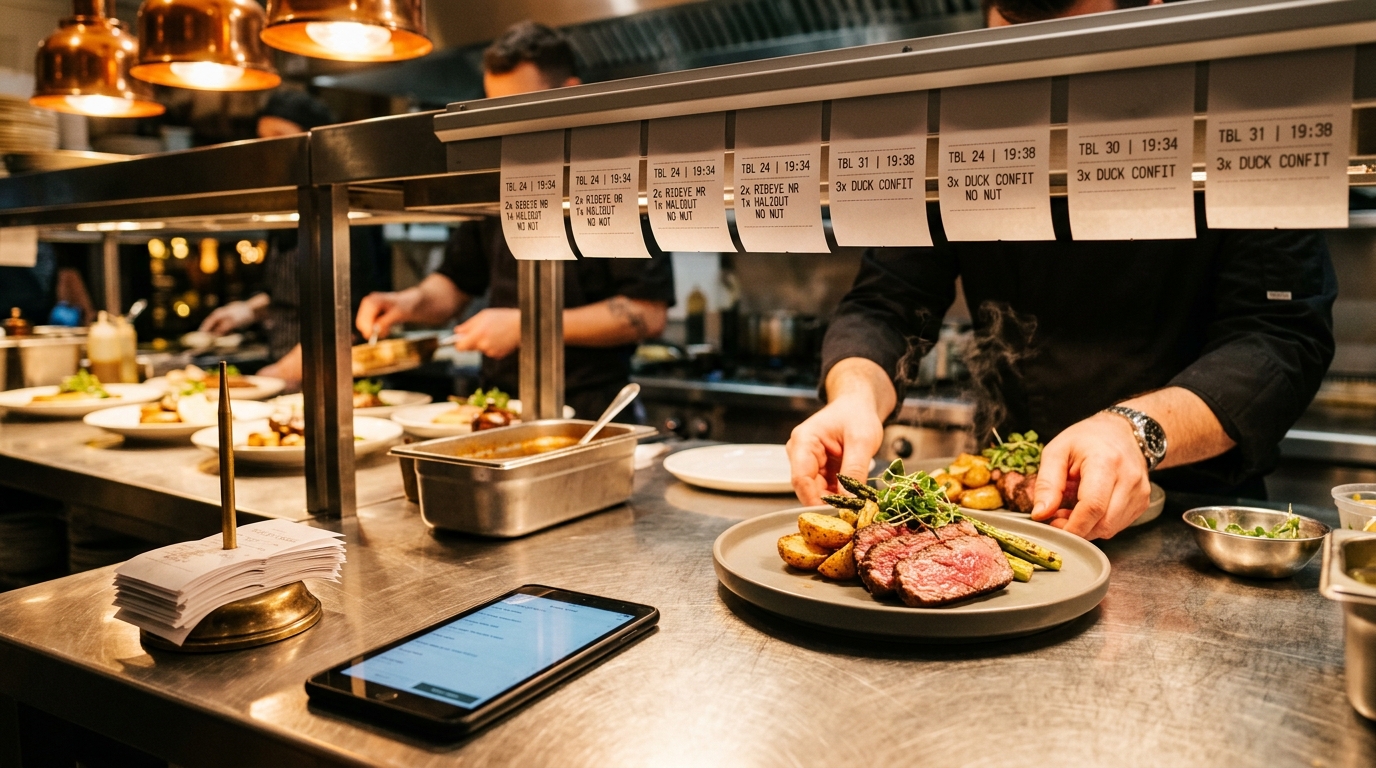 Commercial restaurant kitchen expo pass with clipped tickets, chef plating ribeye, and brass ticket spindle