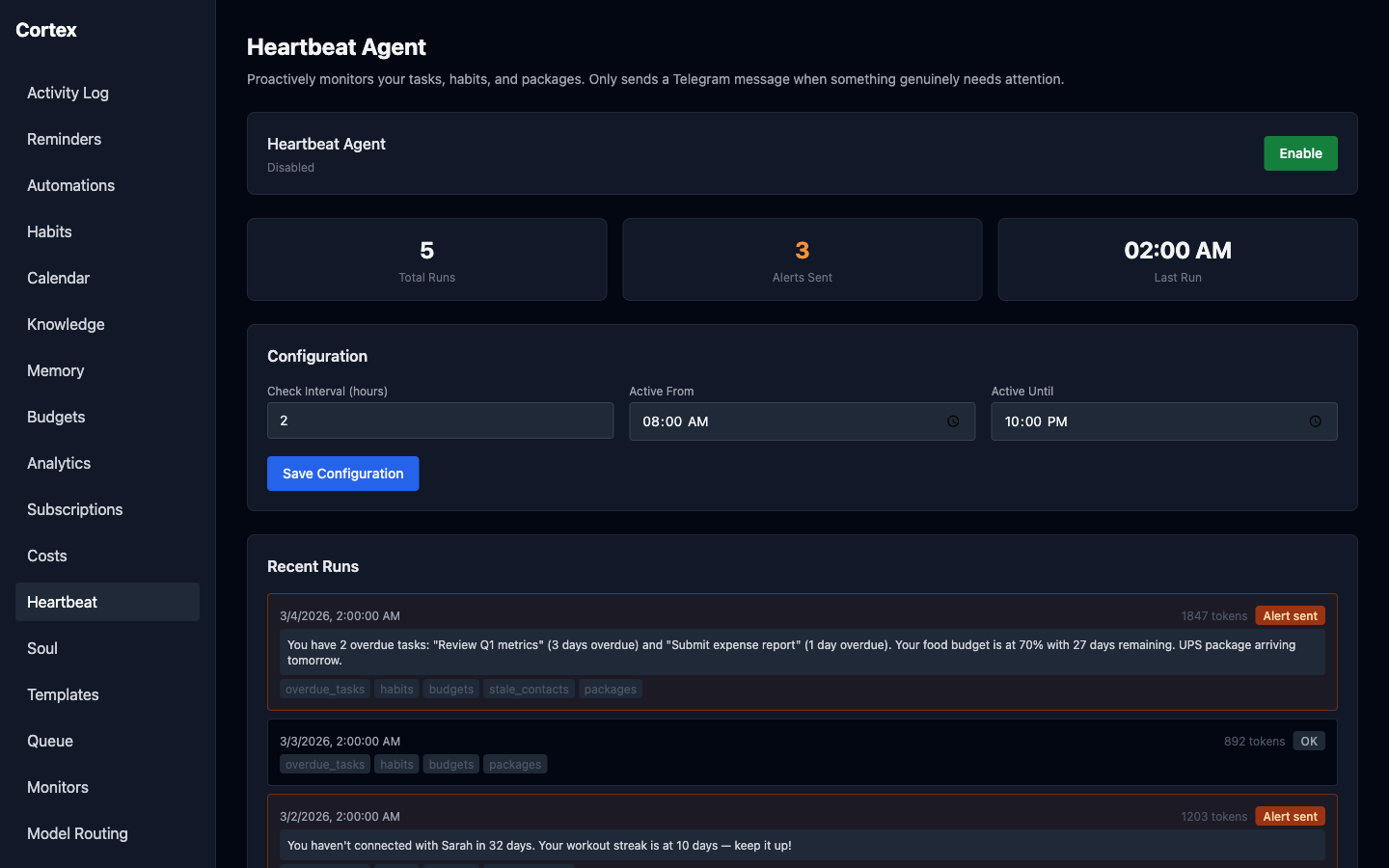 Cortex heartbeat agent page showing stat cards, configuration, and alert log with check tags for overdue tasks, habits, budgets, and packages