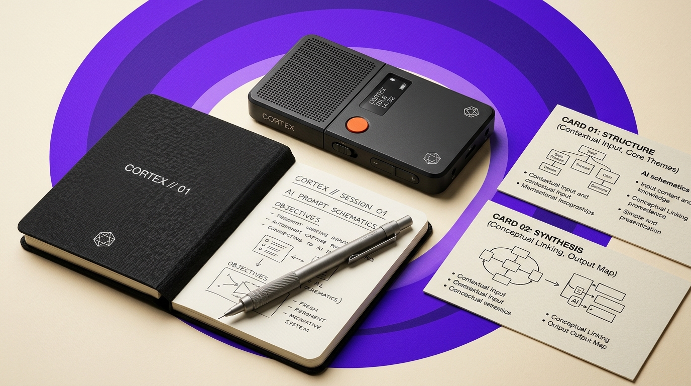 Cortex autonomous AI cognitive capture workstation with anodized recorder, notebook, and prompt cards