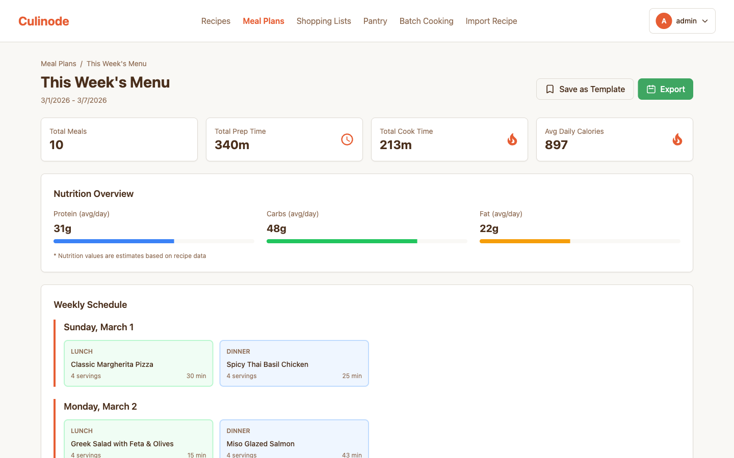 Culinode meal plan showing This Week's Menu with 10 meals, nutrition overview with macro bars, and weekly schedule