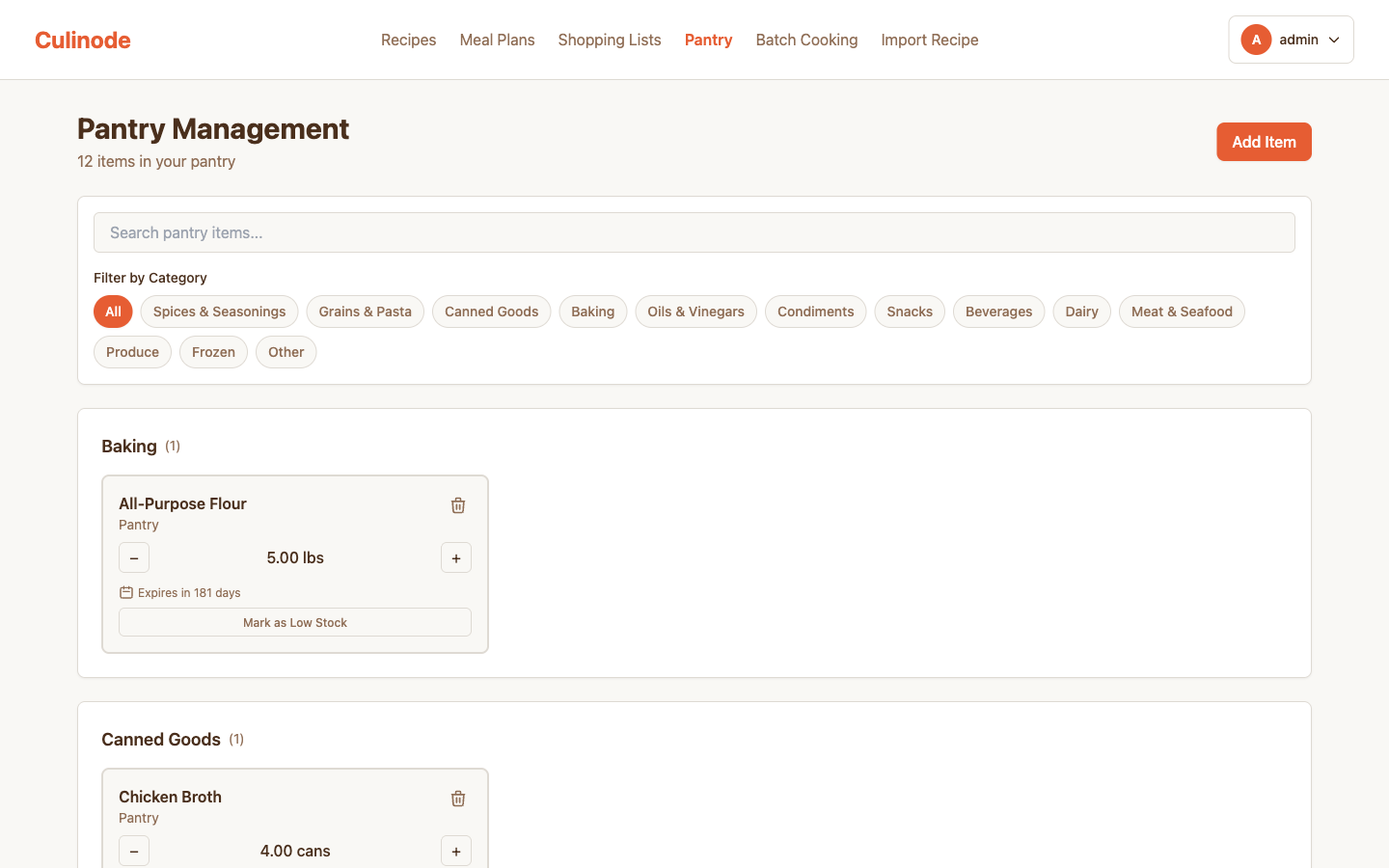 Culinode pantry management showing 12 items organized by category with quantity controls, expiration dates, and low stock alerts