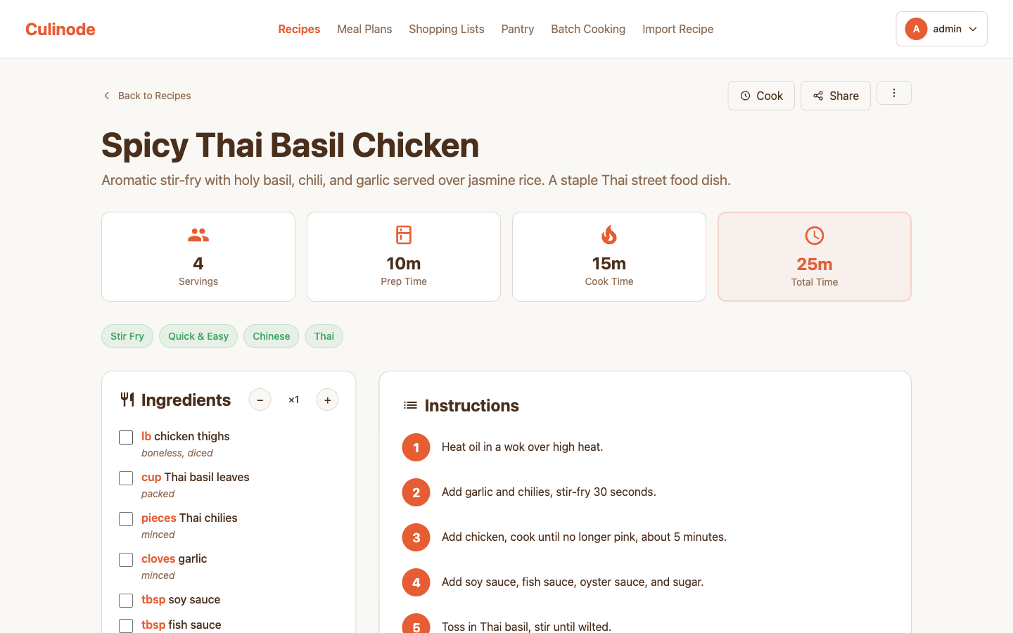 Culinode recipe detail showing Spicy Thai Basil Chicken with ingredients checklist, step-by-step instructions, and nutrition info