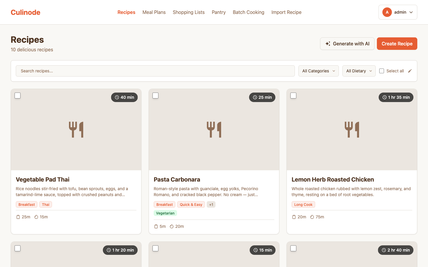 Culinode recipes page showing 10 recipe cards with categories, search filters, and AI generation button