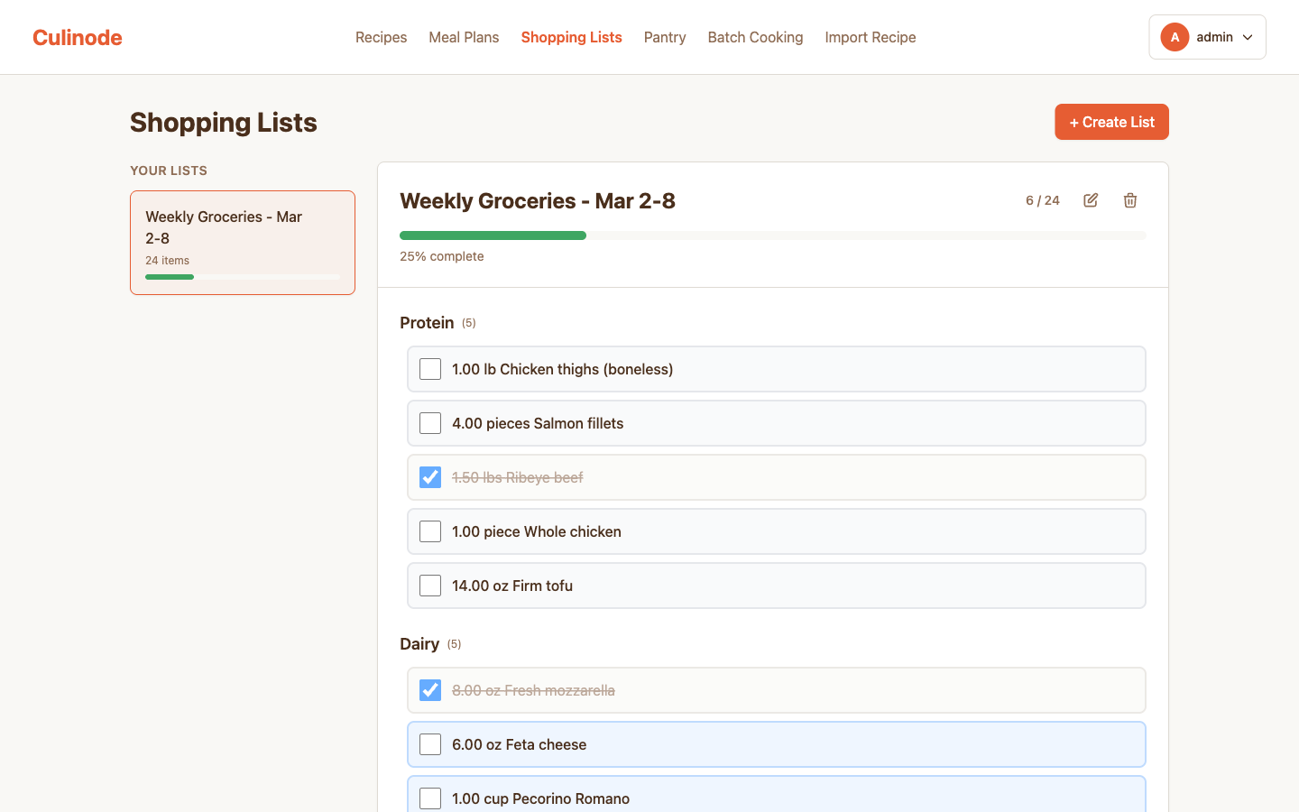 Culinode shopping list showing Weekly Groceries with 24 items grouped by Protein, Dairy, Produce, and Pantry with progress bar