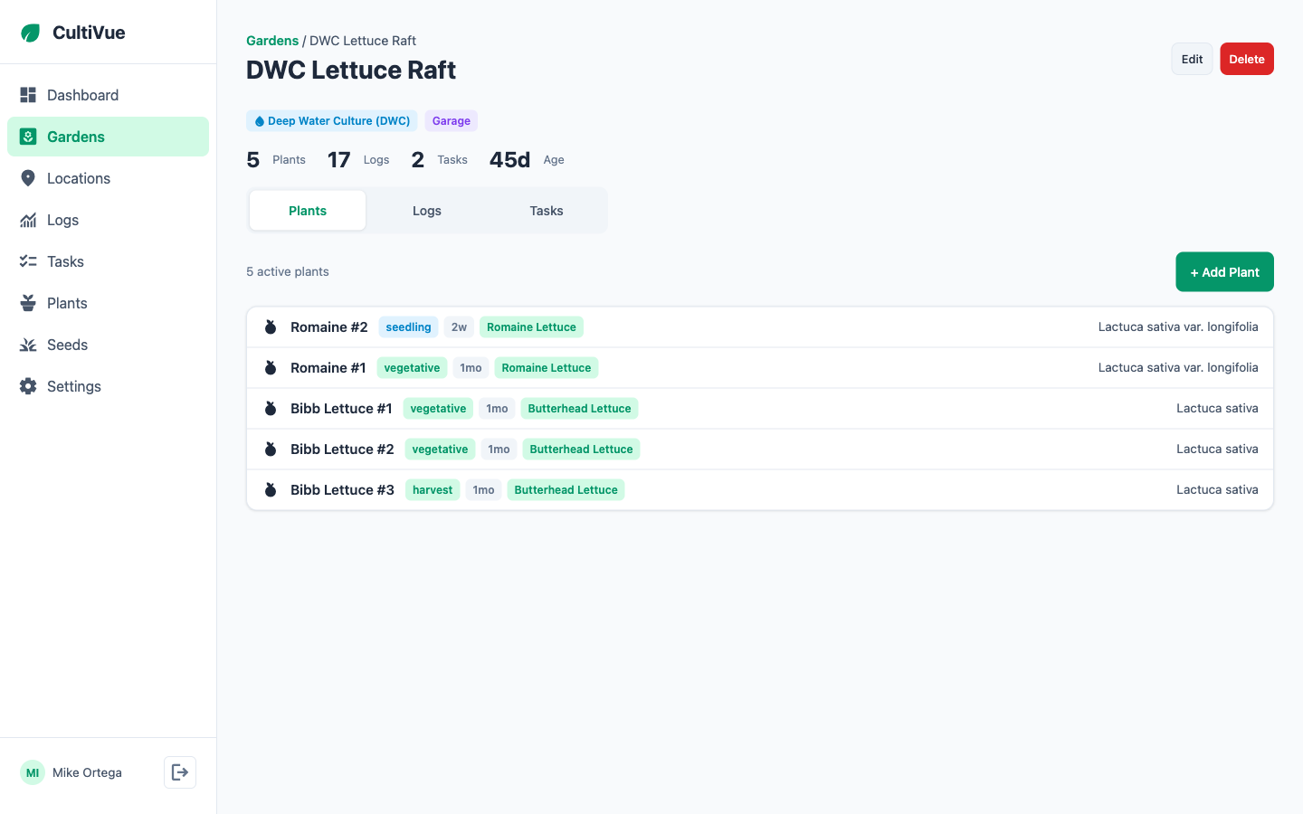 CultiVue garden detail view showing plants with growth stage badges across tabbed Plants, Logs, and Tasks views