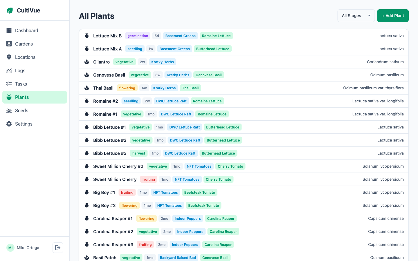 CultiVue all plants view showing 20 plants across multiple gardens with growth stage badges and species names