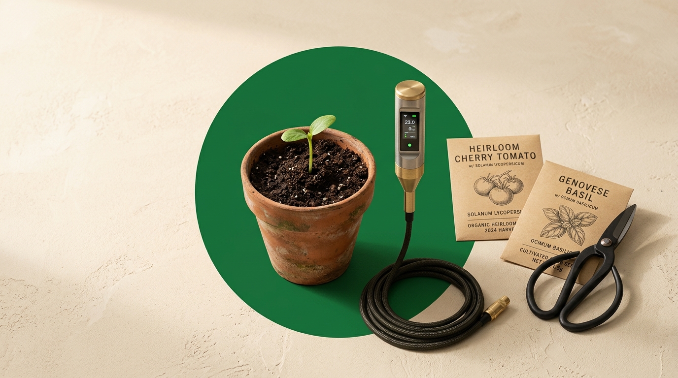 CultiVue agritech grower toolkit with seedling terracotta pot, digital soil sensor probe, and seed packets