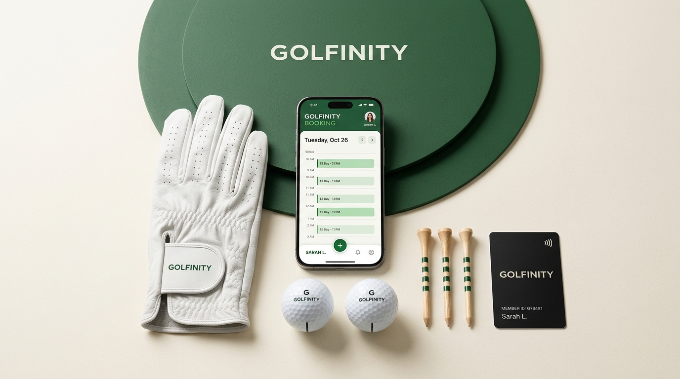 Golfinity golf club member lifestyle kit with booking app phone, leather glove, and golf balls