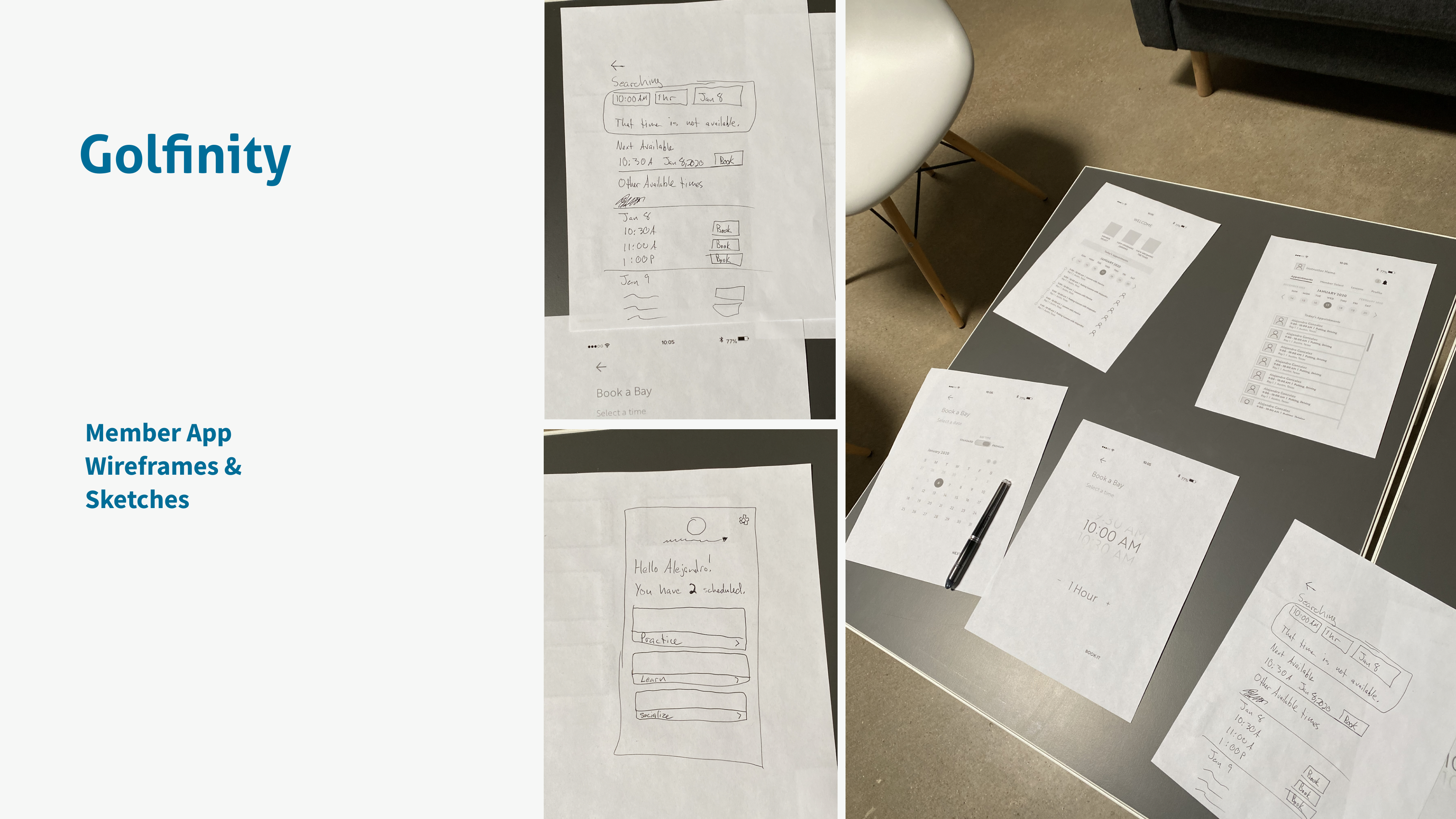 Hand-drawn wireframe sketches for Golfinity booking flow