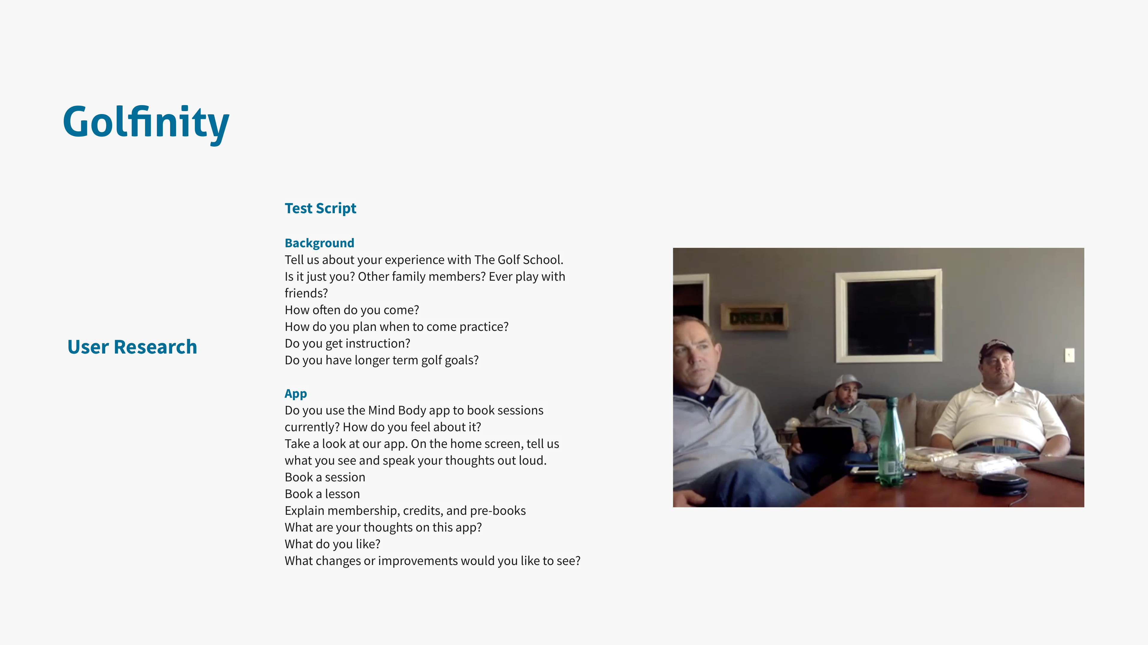 In-person user testing session with Golfinity members
