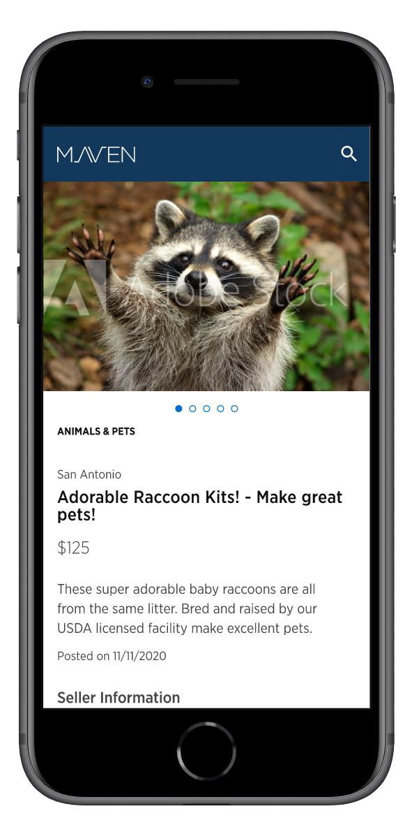 Individual listing detail with photo gallery, price, and moderated seller contact