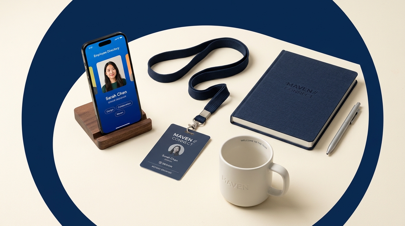 Maven enterprise employee onboarding kit with mobile directory card, lanyard, and notebook