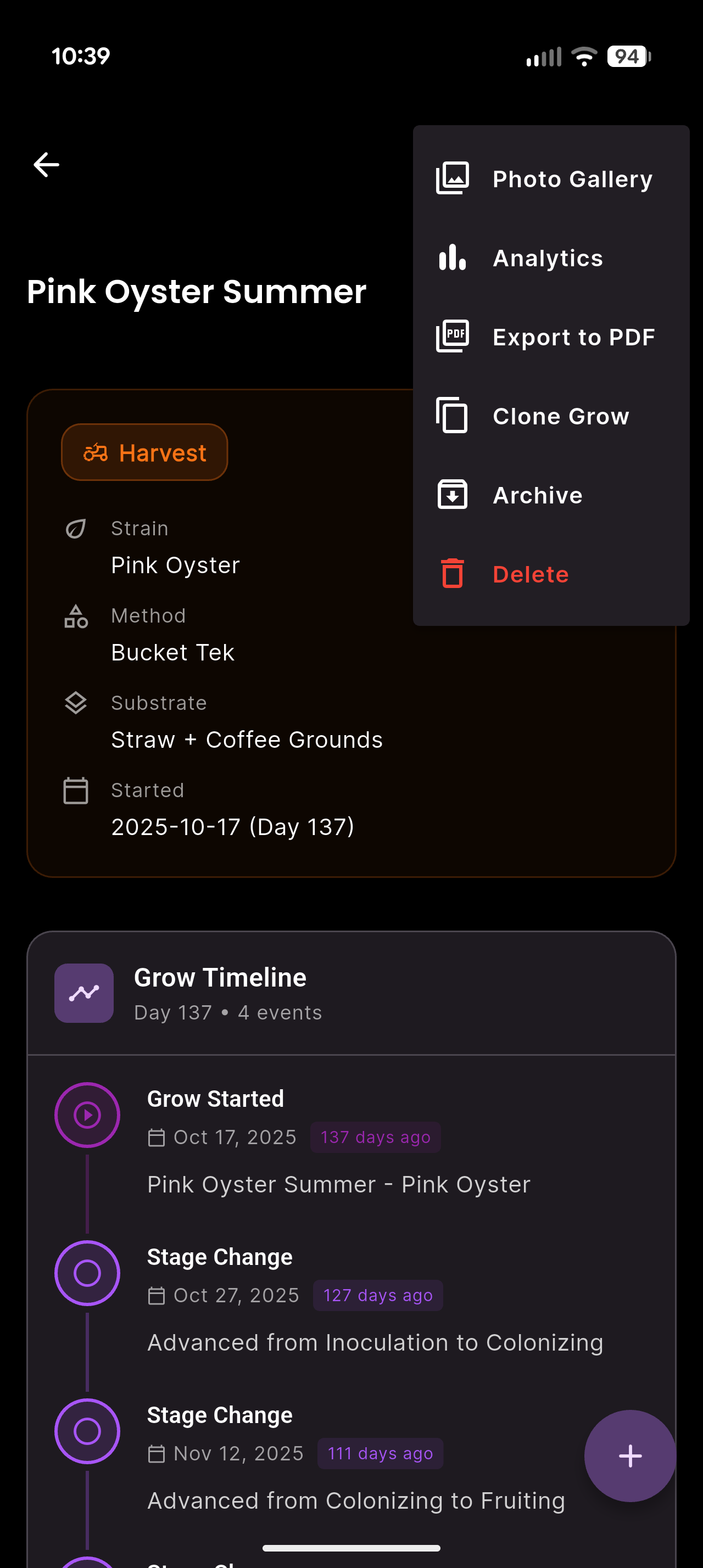 Grow detail for Pink Oyster Summer showing harvest stage, grow timeline, and action menu with photo gallery, analytics, export, clone, and archive options