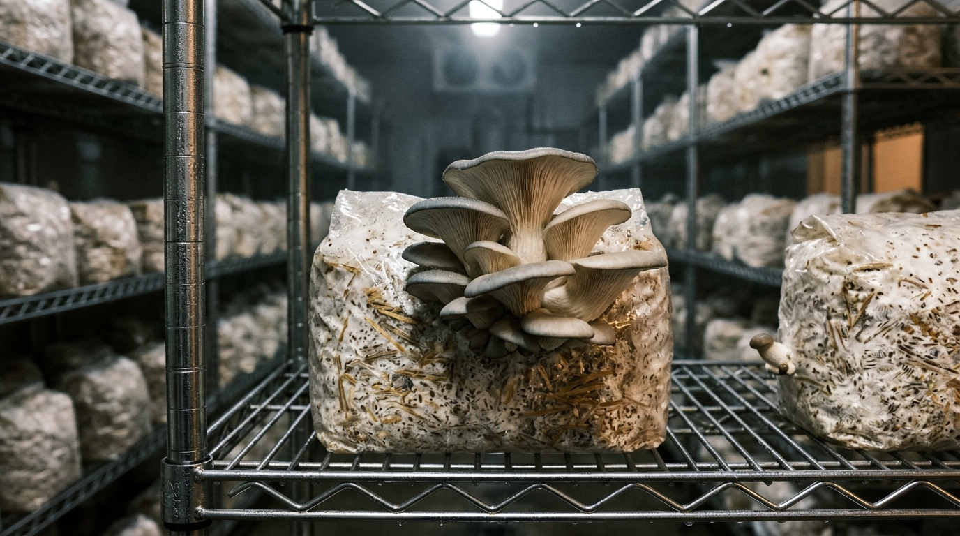 MycoLog cultivation field-lab kit with mycelium petri dish, IoT sensor, spray mister, and blue oyster mushrooms