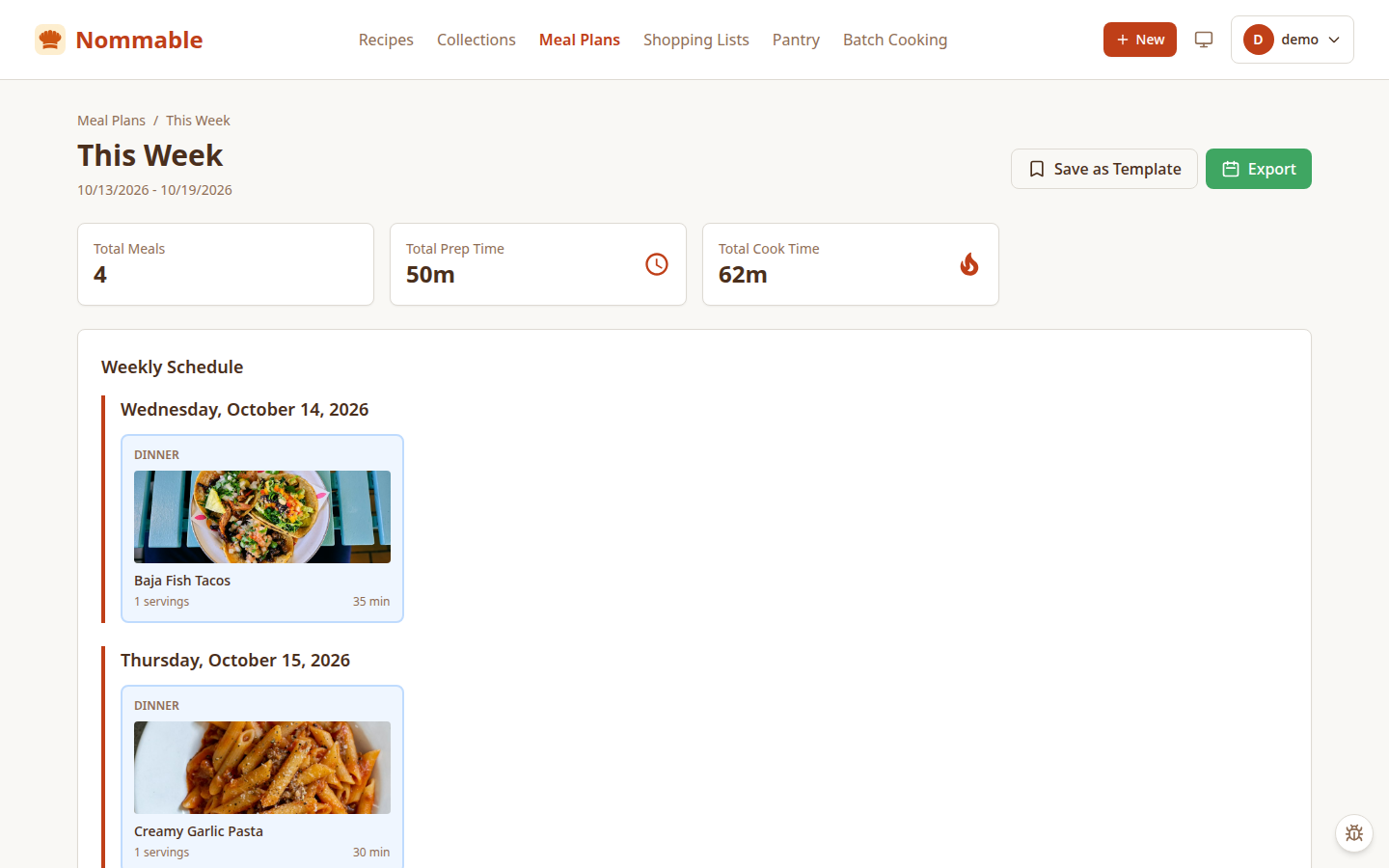 Nommable weekly meal plan schedule