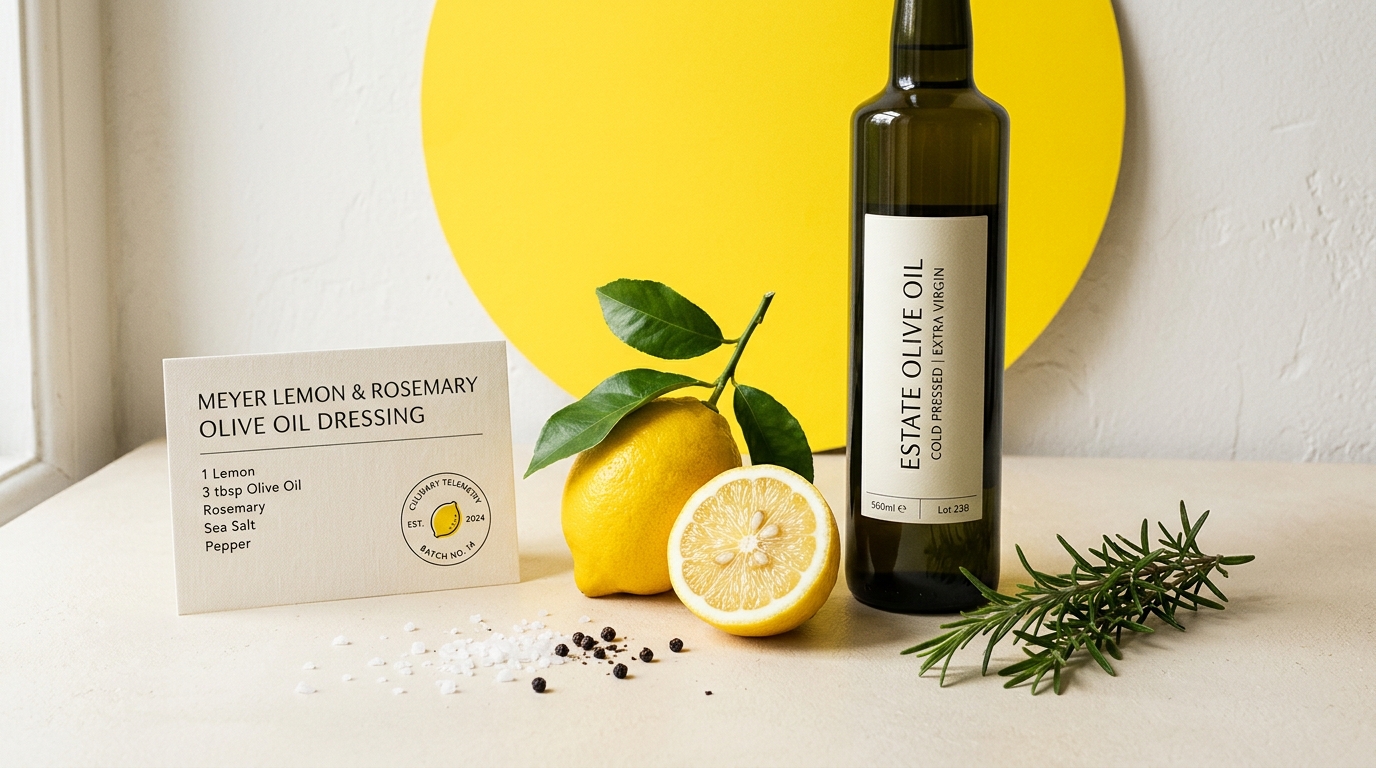 Nommable culinary intelligence OS still life with fresh lemons, olive oil, and linen recipe card