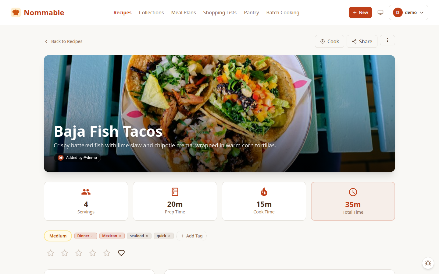 Nommable recipe detail page showing culinary photo, serving adjustments, times, and ingredients