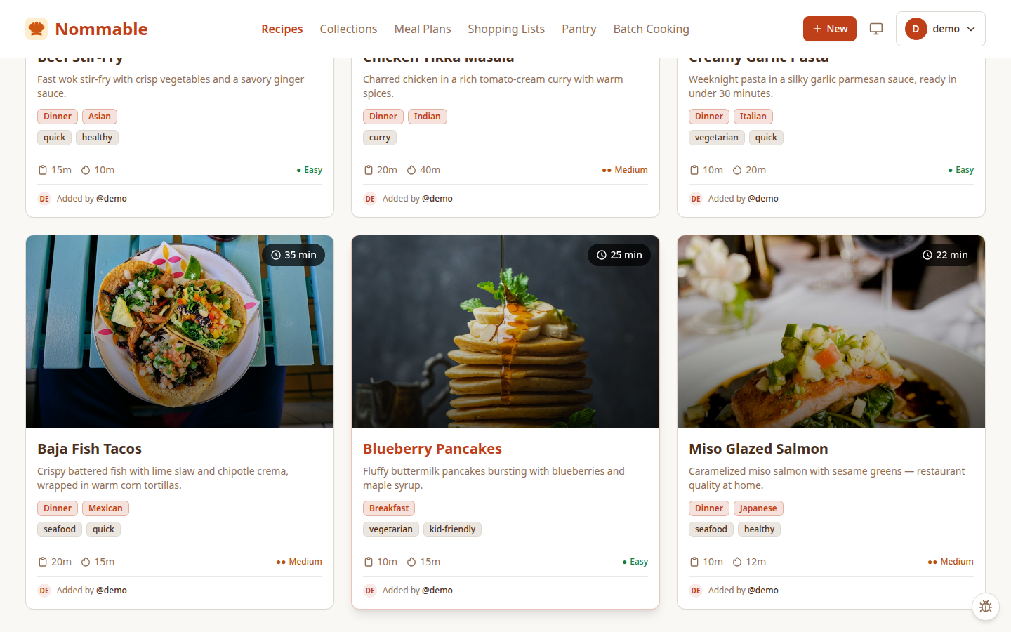 Nommable recipe library with category filters, search, and pantry suggestions