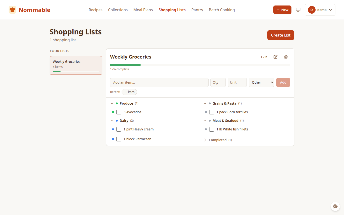 Nommable shopping list grouped by grocery aisle