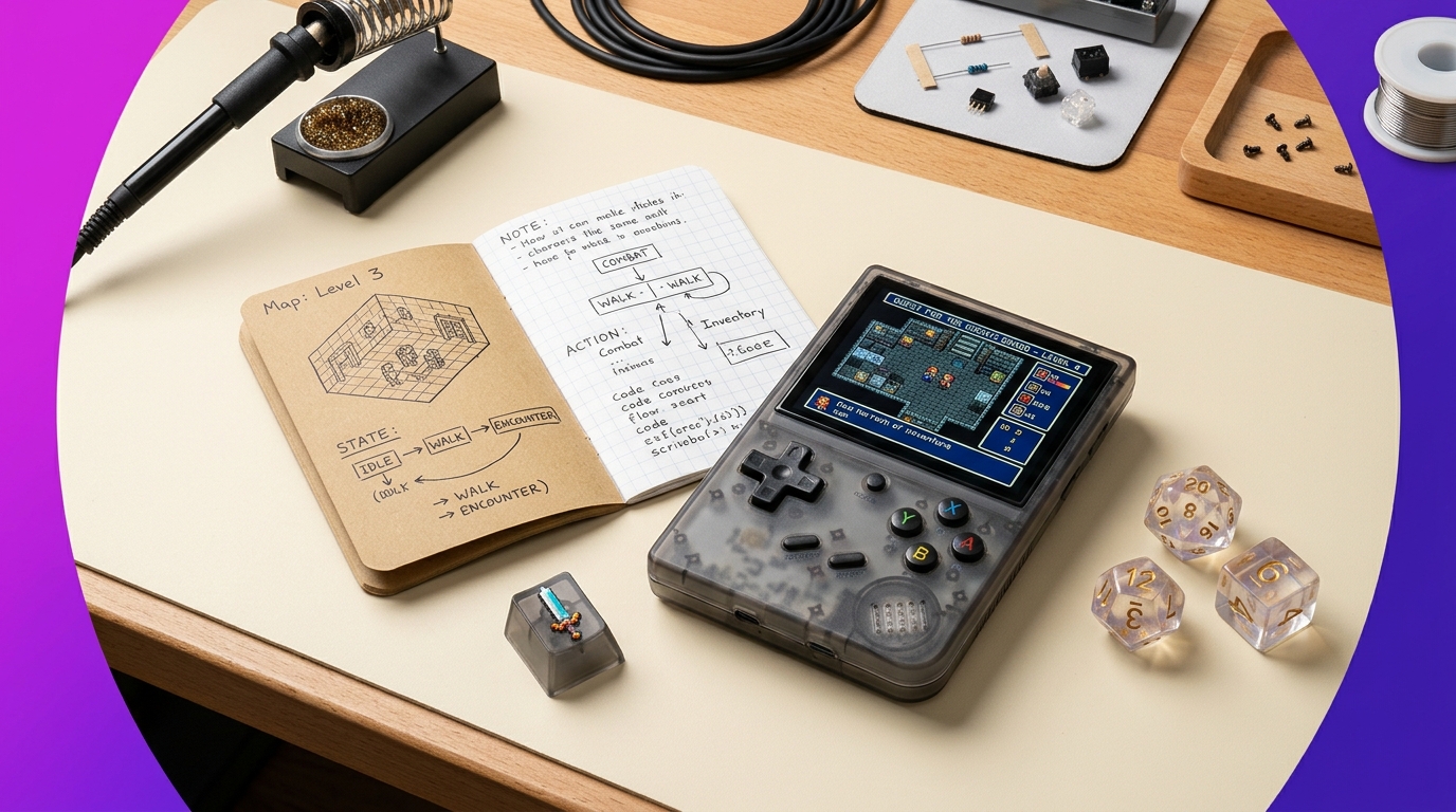 One More Thing retro RPG systems kit with transparent handheld console, polyhedral dice, isometric dungeon notebook, and sword keycap