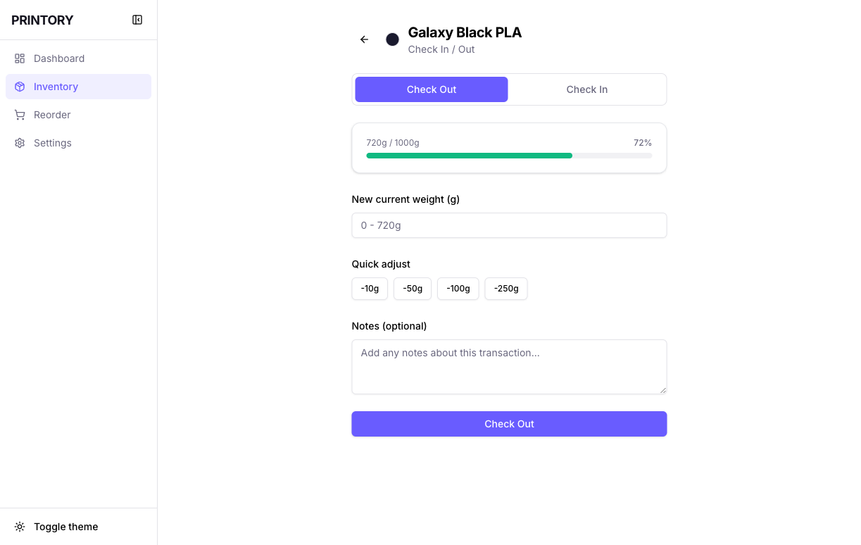 Printory check-in/out form with weight tracking and quick adjust buttons
