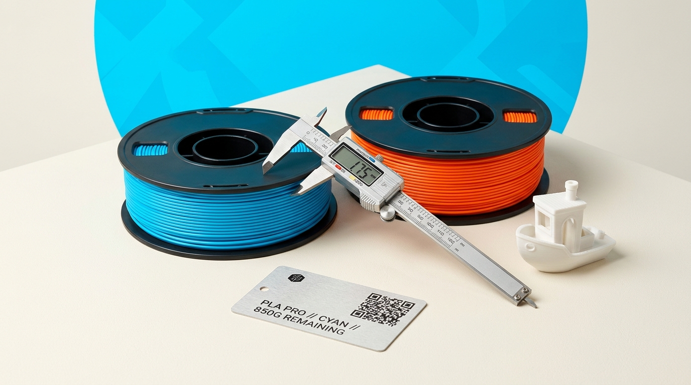 Printory 3D printing workshop toolkit with cyan and orange filament spools, digital caliper, and Benchy boat