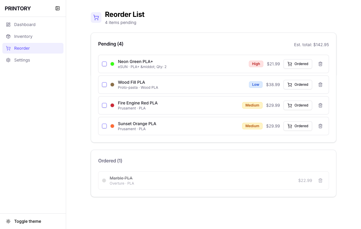 Printory reorder list with pending and ordered sections, priority badges, and estimated cost totals
