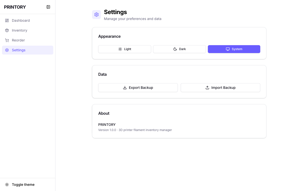 Printory settings with theme selector, backup export/import, and app info