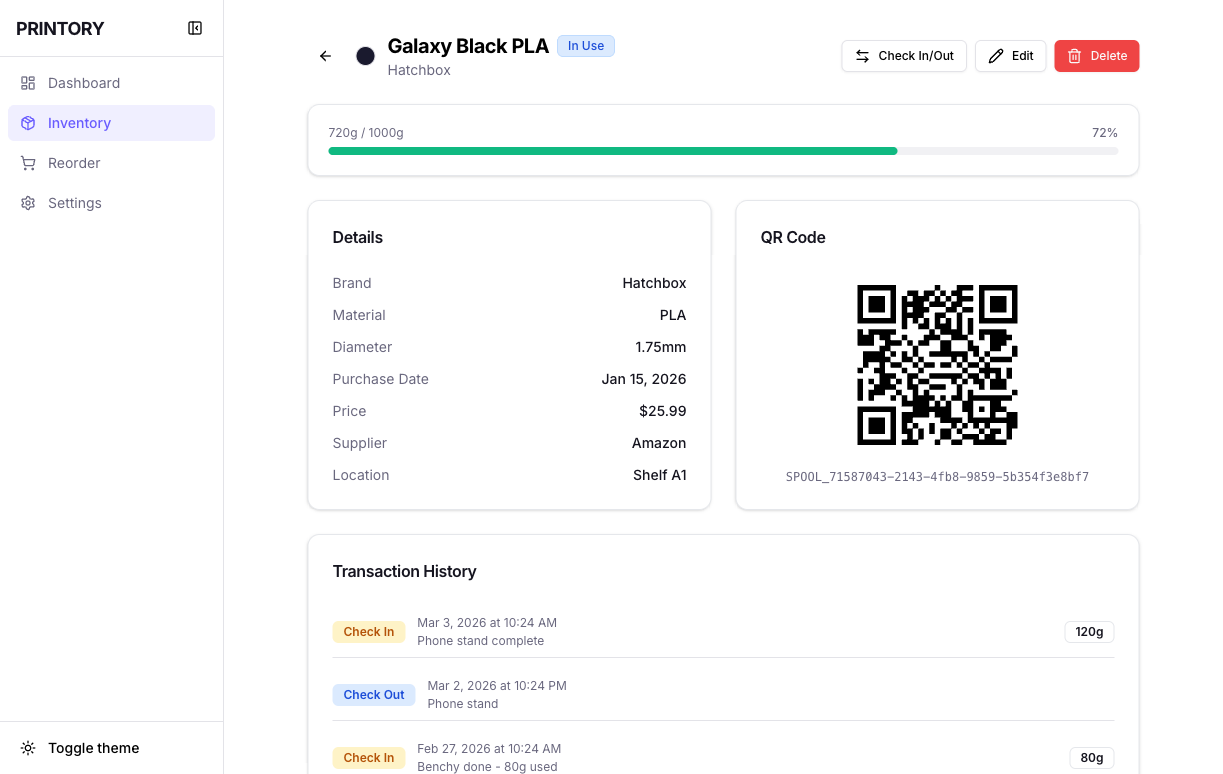 Printory spool detail with 72% weight progress bar, metadata panel, QR code, and transaction history