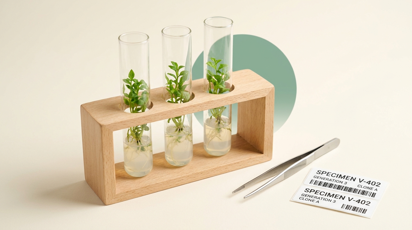 Verdant Lab botanical tissue culture kit with test tubes of micropropagated plantlets in beechwood rack, tweezers, and barcode labels